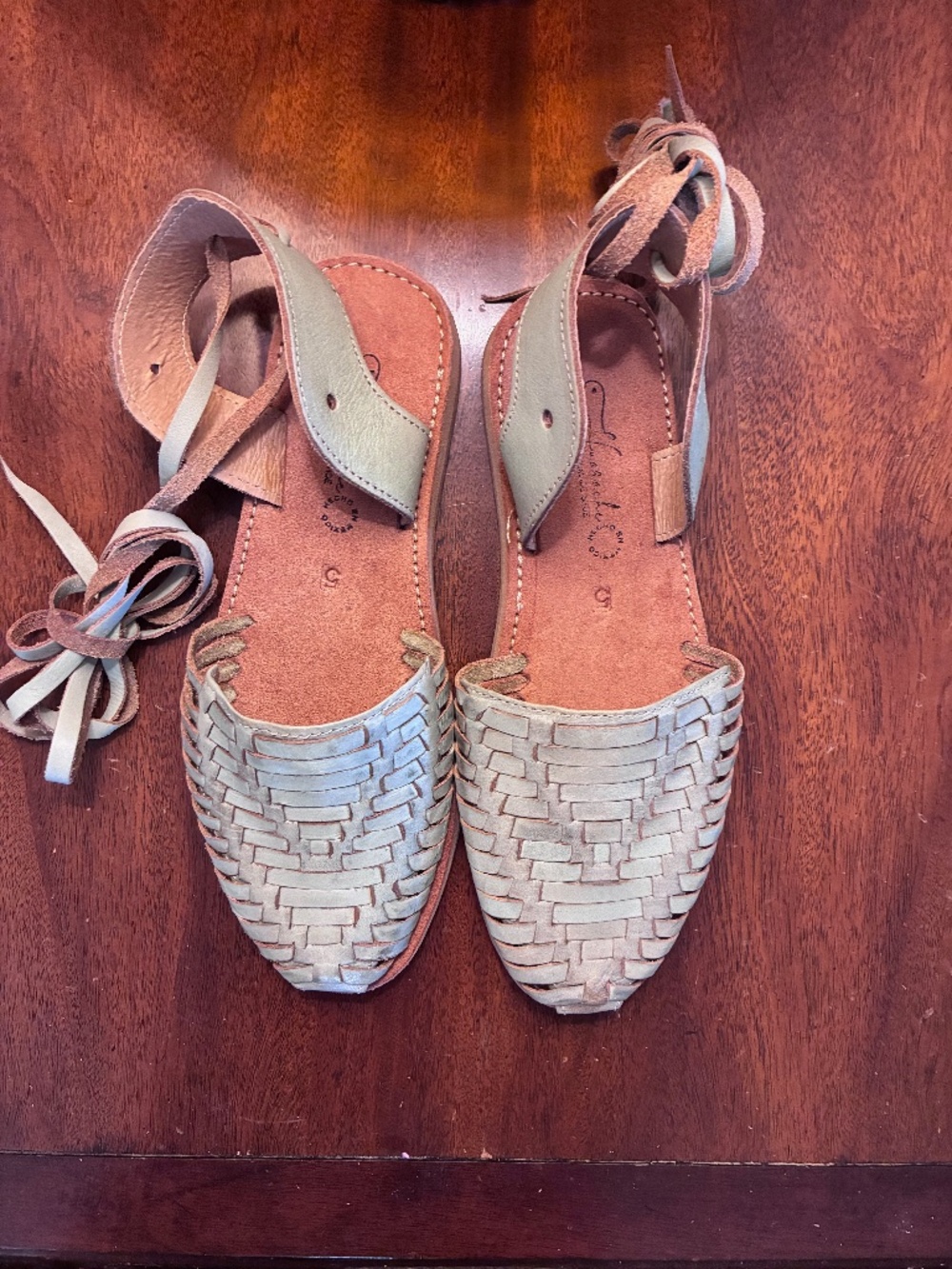 Handmade  Leather Lace-Up Huarache Sandals, Mint Green, Size US 7 (MEX 5)